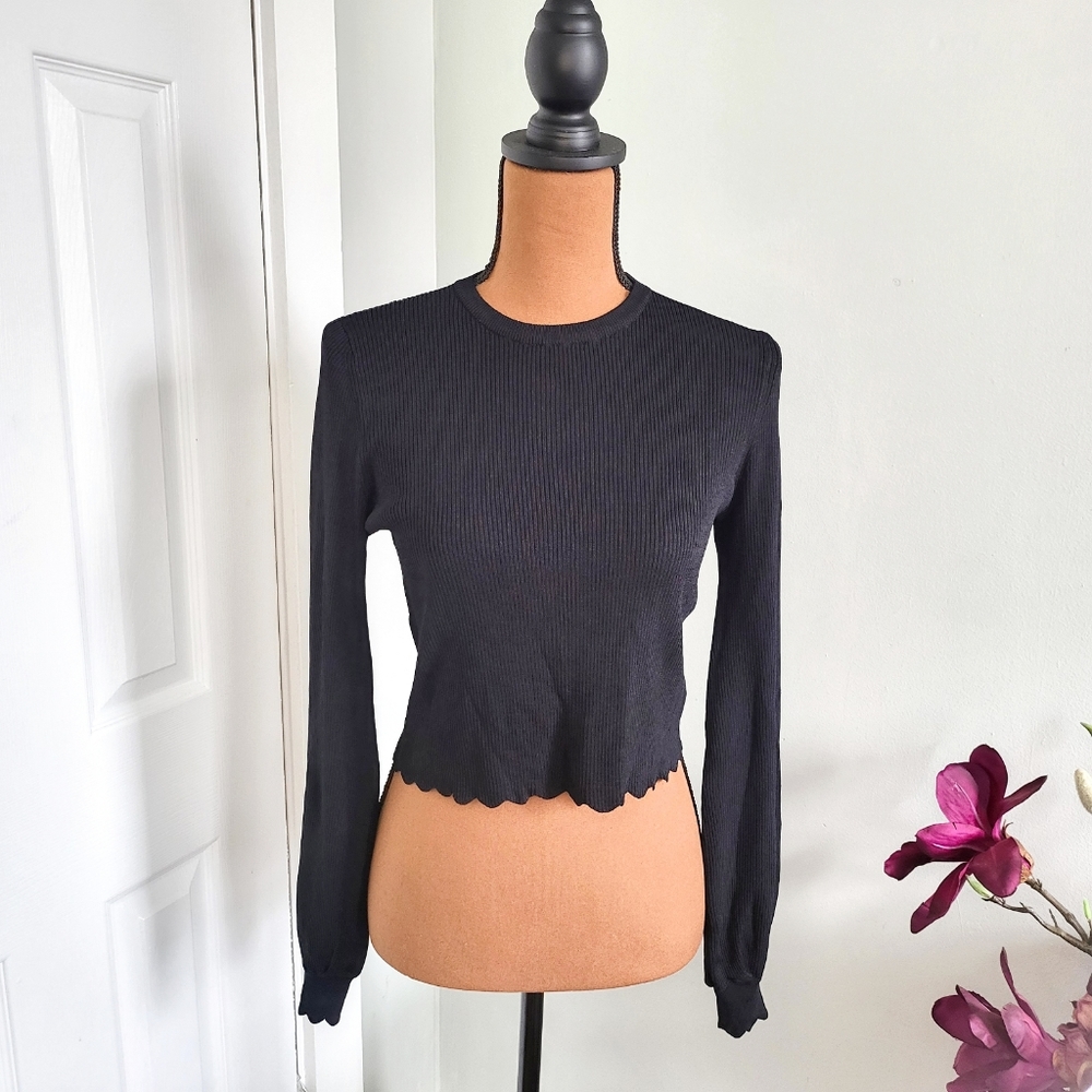 ZARA WOMEN'S BLACK RIBBED KNIT BALLOON SLEEVE LATTICE CROPPED TOP NWT
